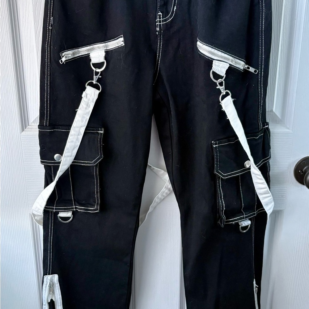 Social Collision/Hot Topic Black Cargo Utility Pants with White Straps